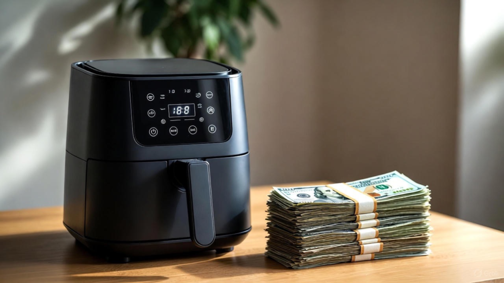 An affordable air fryer with a pack of money near it 