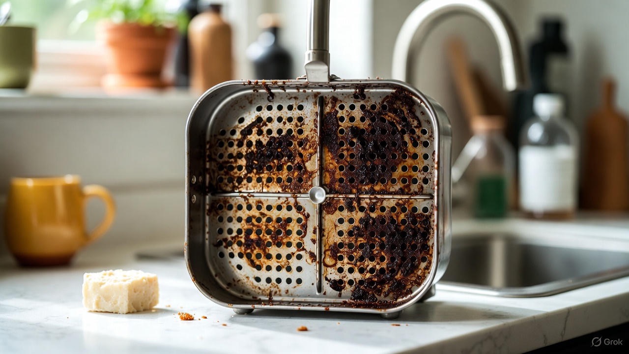 a greasy air fryer tray on top of the kitchen counter