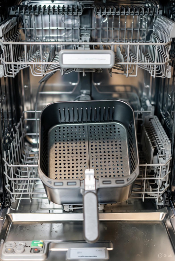 An air fryer basket inside a dishwasher