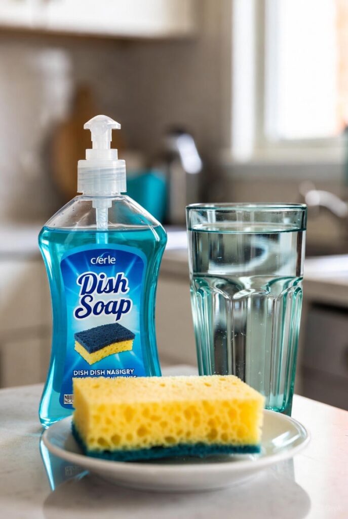 Dish soap, a yellow sponge and a glass of water