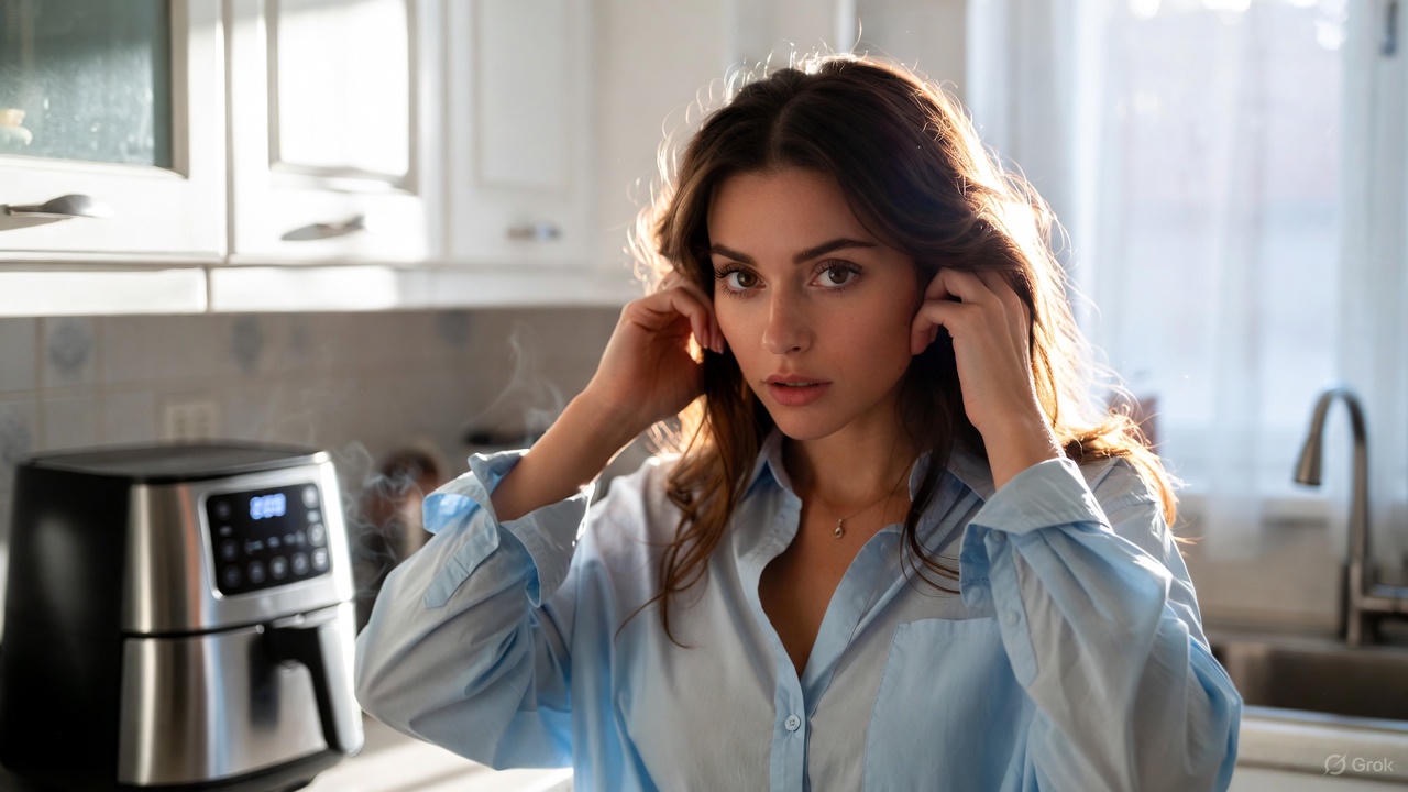 woman covering her ears because of the noise of an air fryer