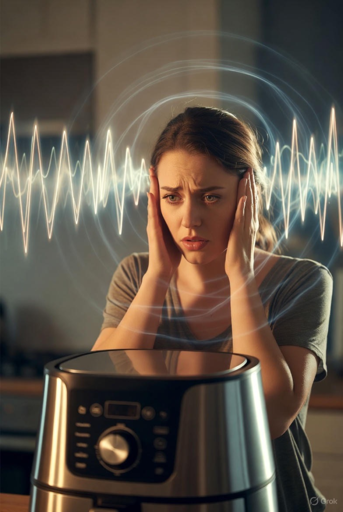 woman covering her ears because of the noise of an air fryer. the sound waves coming out of her ears