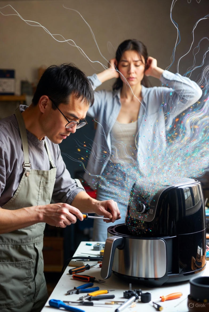 A guy with a screw driver fixing an air fryer and the woman behind him is covering her ears