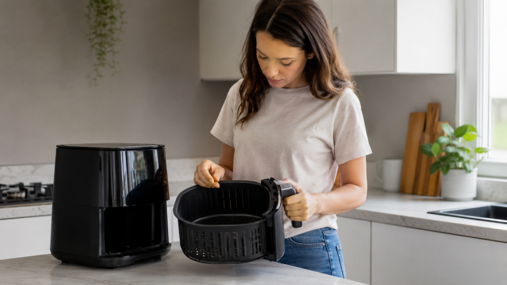 Person checking an air fryer basket and tray to fix a loud rattling noise.