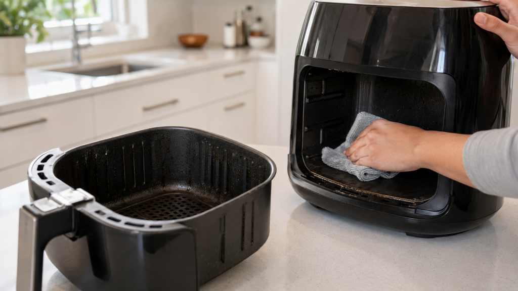 Cleaning grease buildup inside an air fryer to reduce loud fan noise.