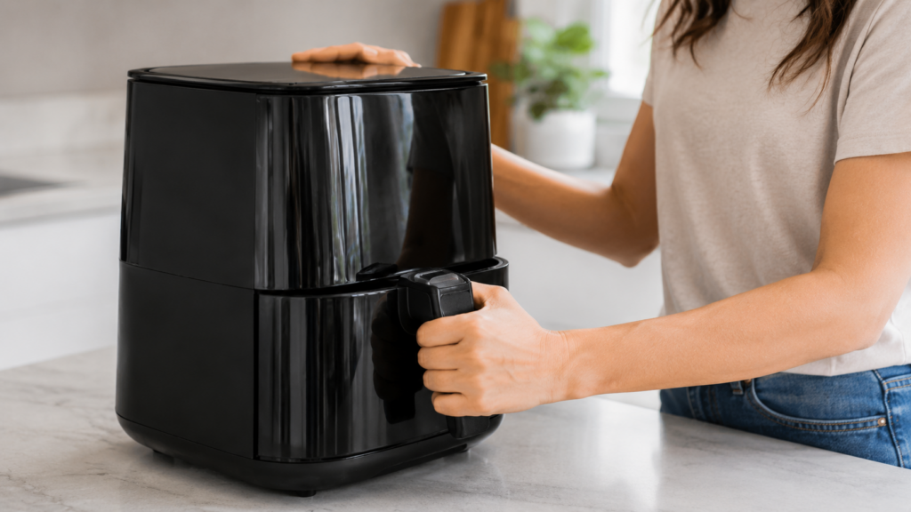Air fryer basket being inserted correctly to stop rattling noise.