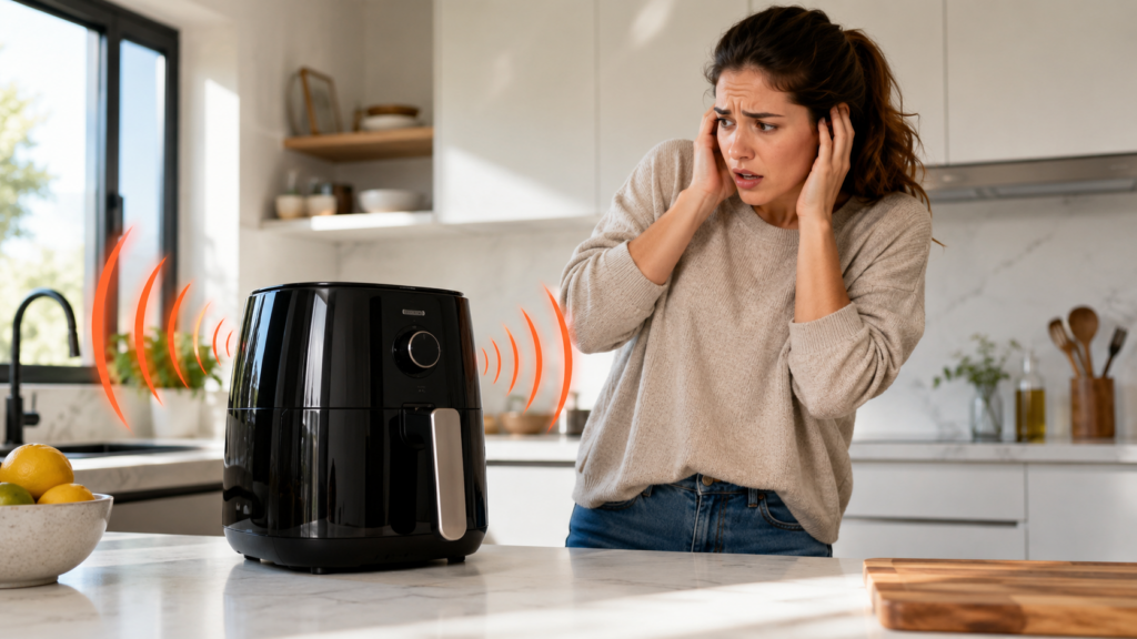 Person reacting to an air fryer making a loud noise on a kitchen counter.