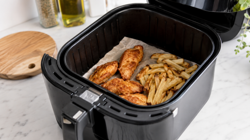 Parchment paper held down by food inside an air fryer basket.
