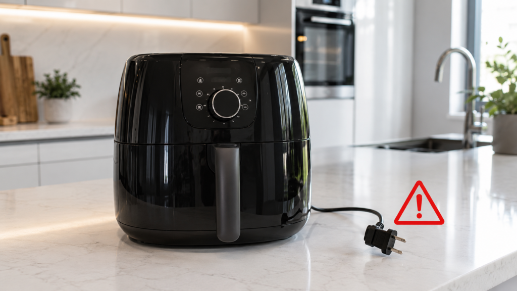 Unplugged air fryer being checked after making a grinding noise.