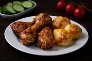 Chicken drumsticks and potatoes served on a plate