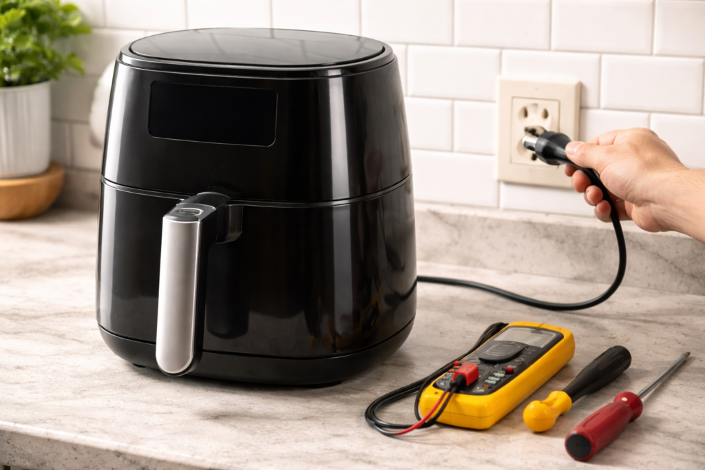 An air fryer that won't turn on and the tools on the side