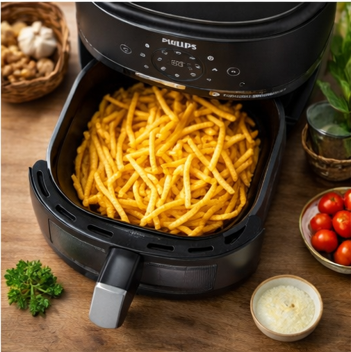 Frozen french fries inside an air fryer 