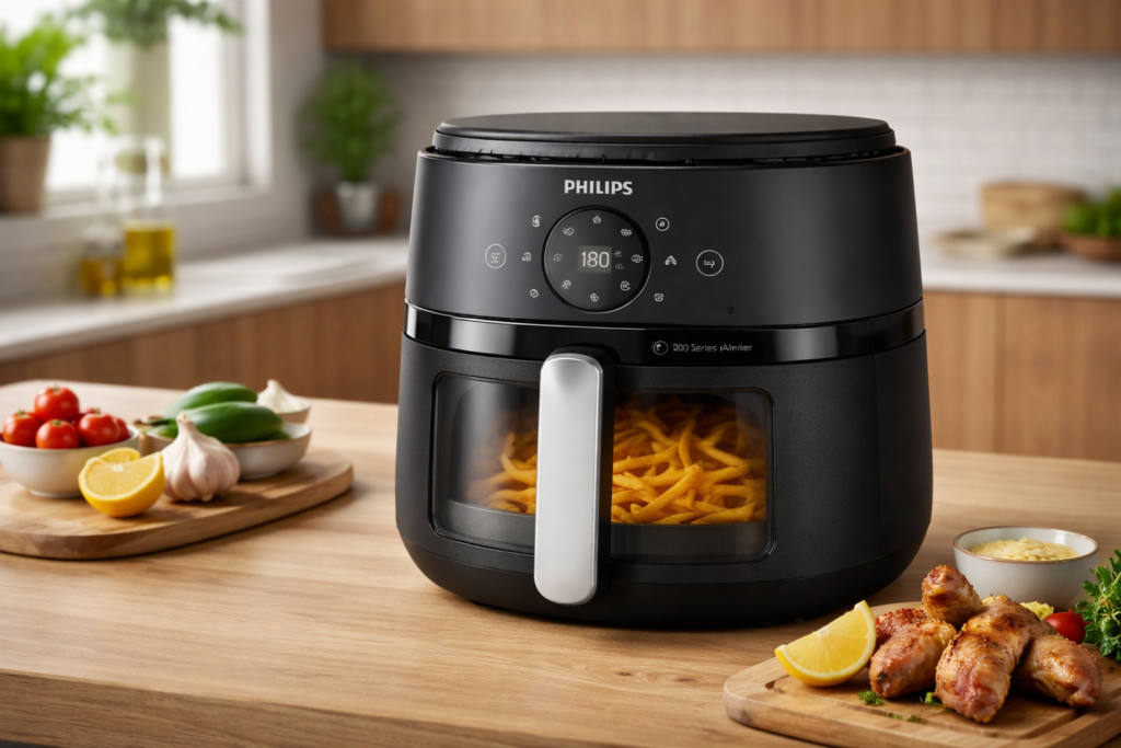 Philips 2000 Series NA221/00 air fryer with fries visible through the cooking window.