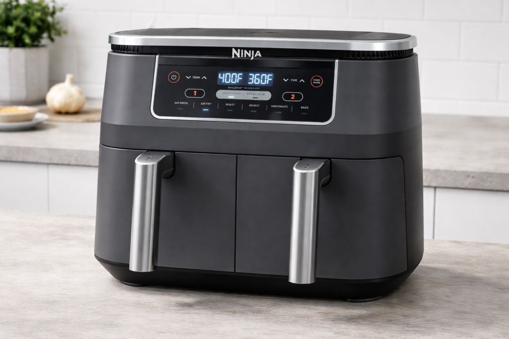 Ninja DZ201 Foodi 8-Quart DualZone Air Fryer on top of the countertop