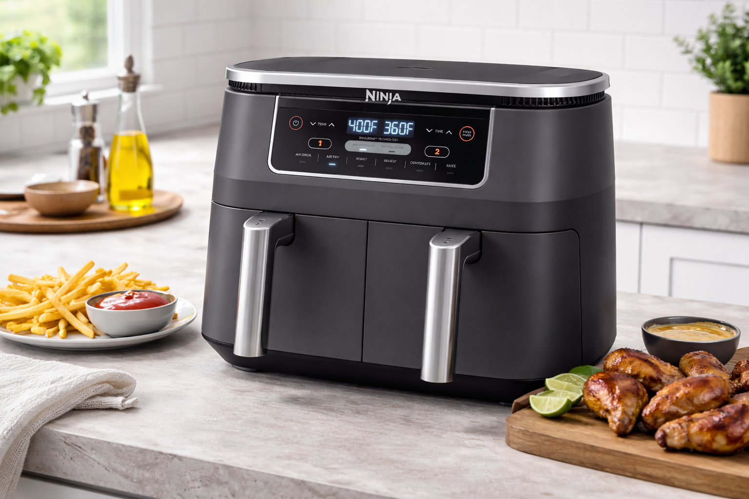 Ninja DZ201 Foodi on the kitchen counter and fries and wings are on the sides of an air fryer