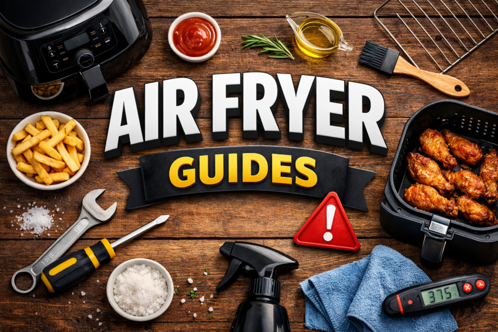 The headline Air Fryer Guides and air fryer on one side with the tools on the bottom
