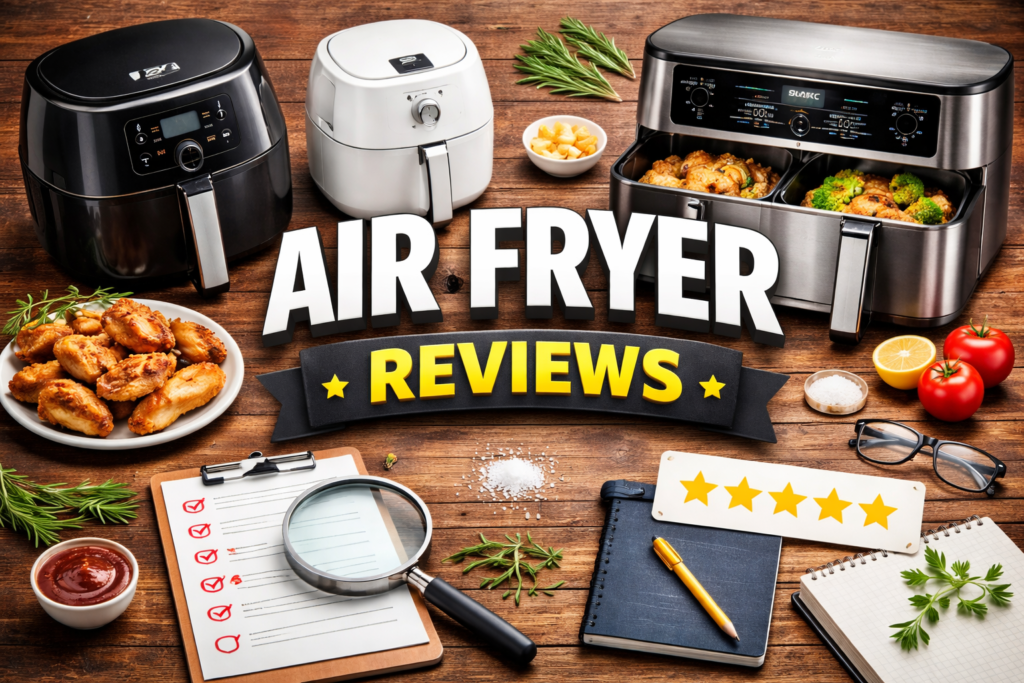 , air fryers on the back and air fryer reviews text