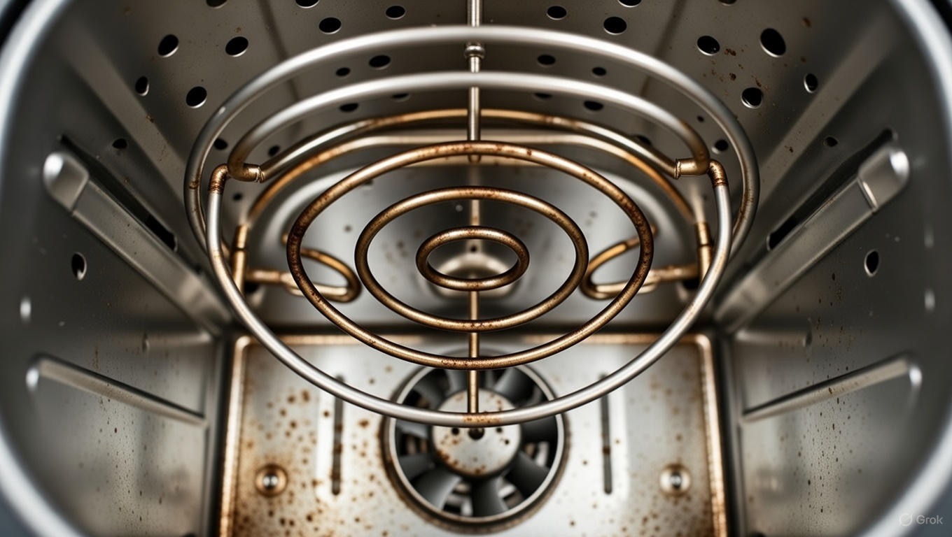 A dirty heating element of an air fryer