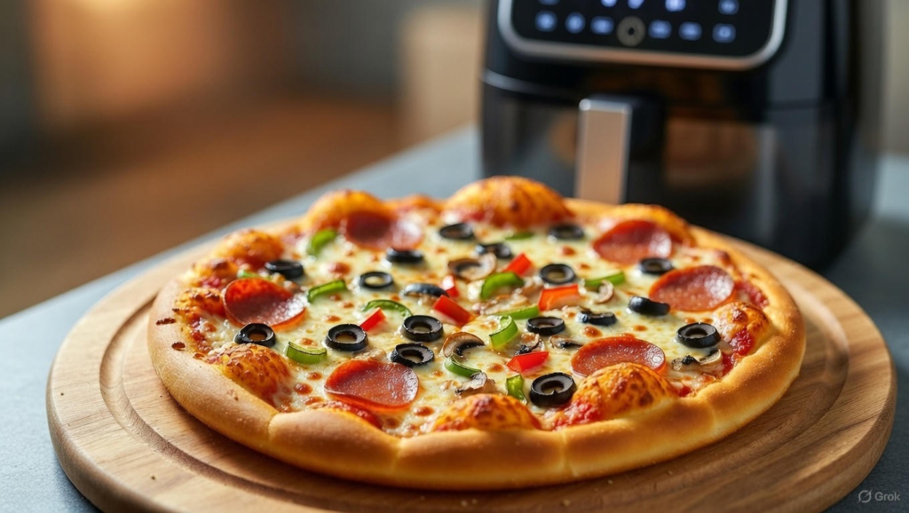 Pizza on the wooden plate and air fryer on the back