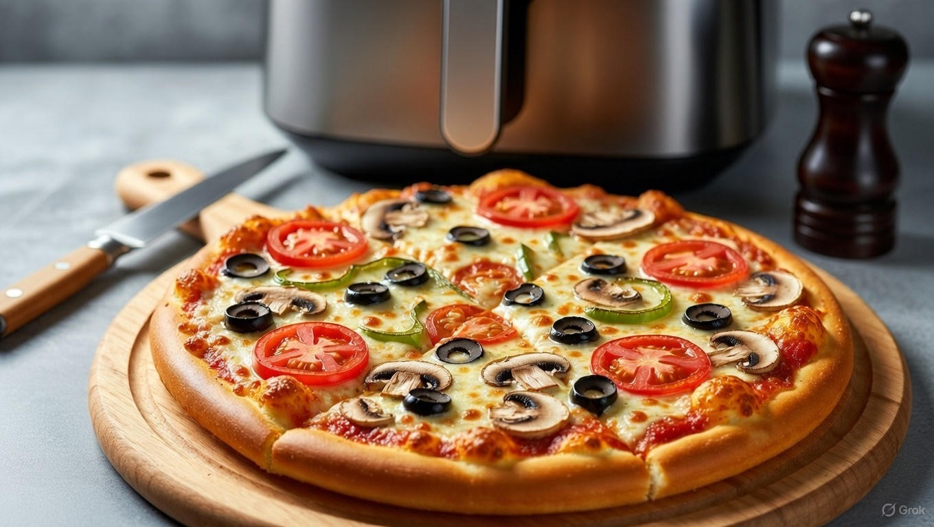 Pizza in front of an air fryer