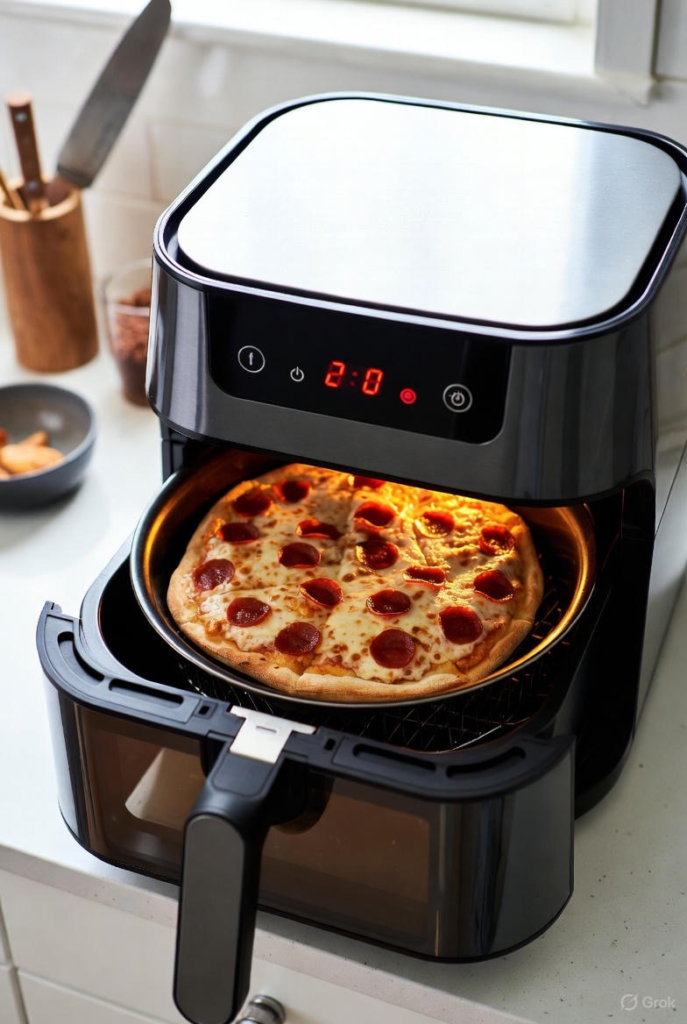 Pepperoni pizza inside a basket of an air fryer