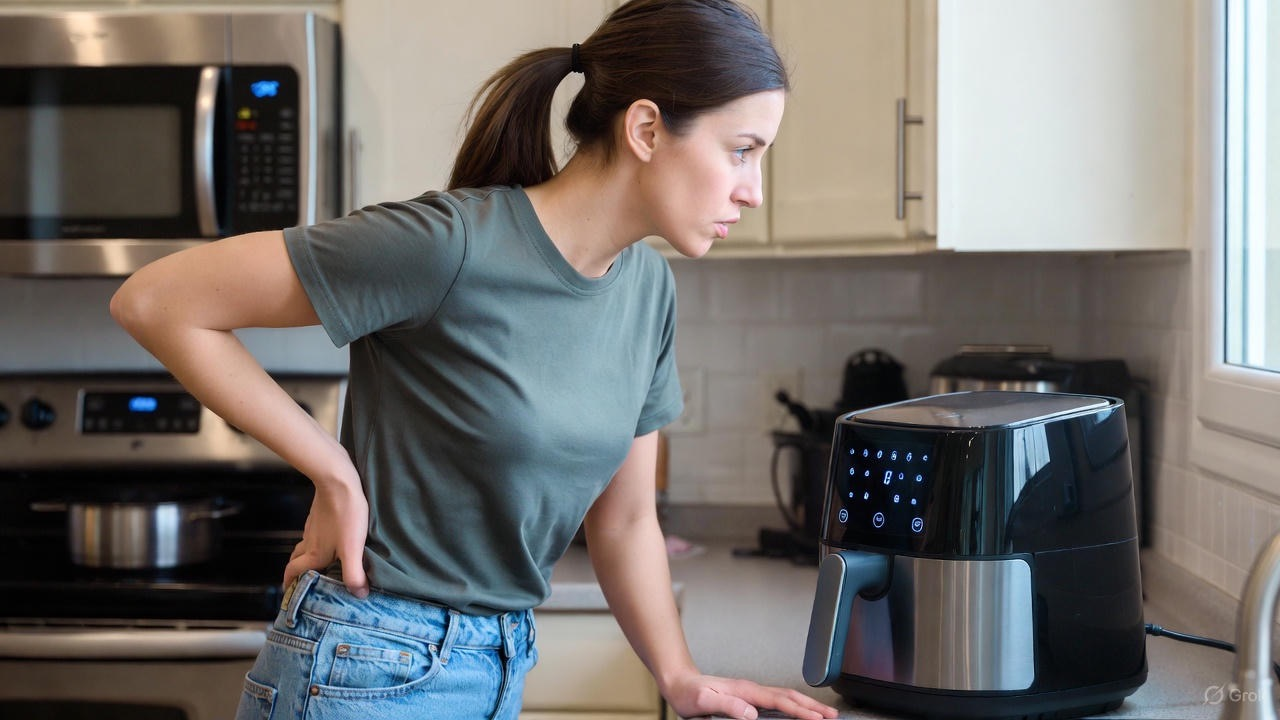a woman standing in front of an air fryer