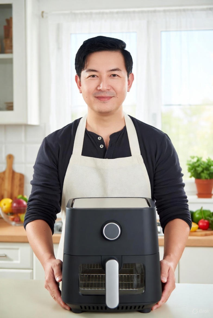 man wearing an apron holding an air fryer with both hands