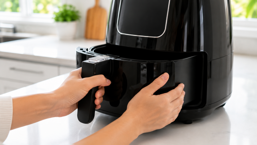 Properly inserting an air fryer basket before turning it on