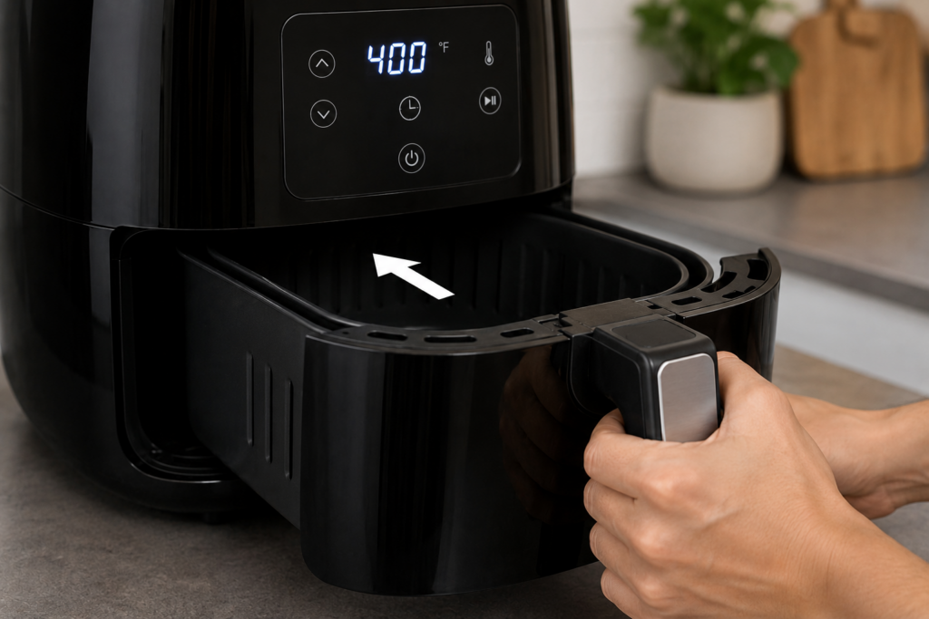 Air fryer basket correctly inserted into the appliance