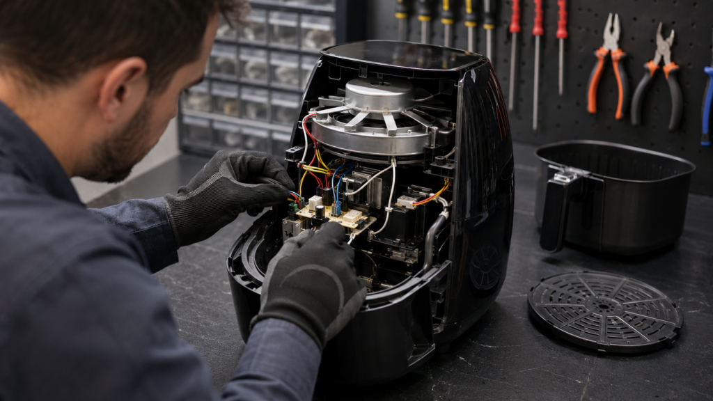 Technician inspecting the internal components of an air fryer