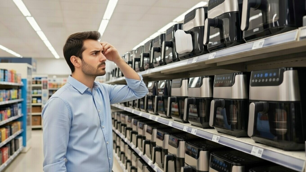man thinking which air fryer to choose 