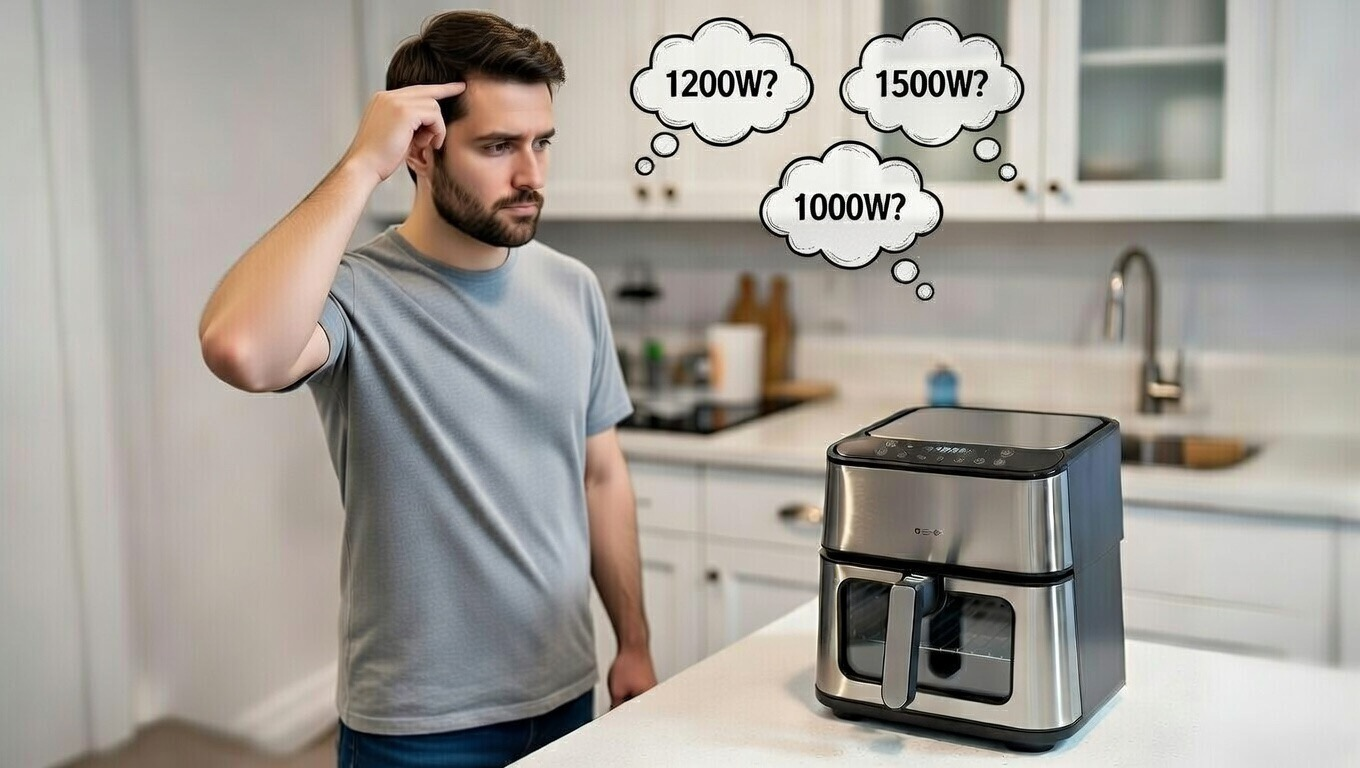 a man near an air fryer thinking about wattage