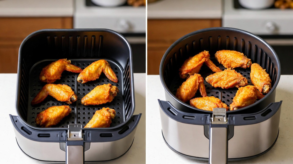 Square air fryer basket vs round air fryer basket showing space differences.