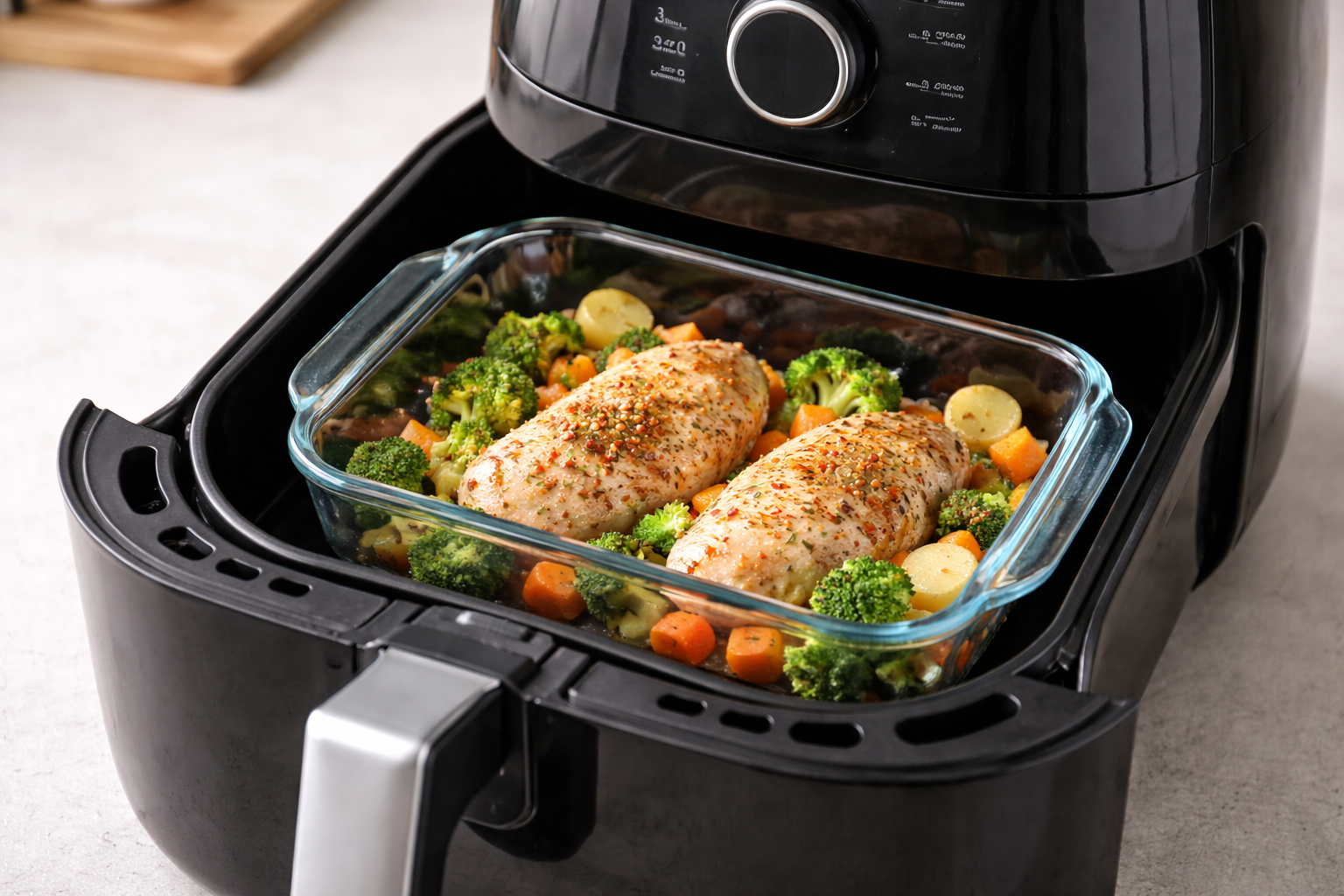 glass dish inside an air fryer