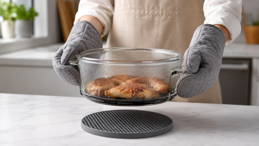 Safely handling a hot glass air fryer bowl with oven mitts