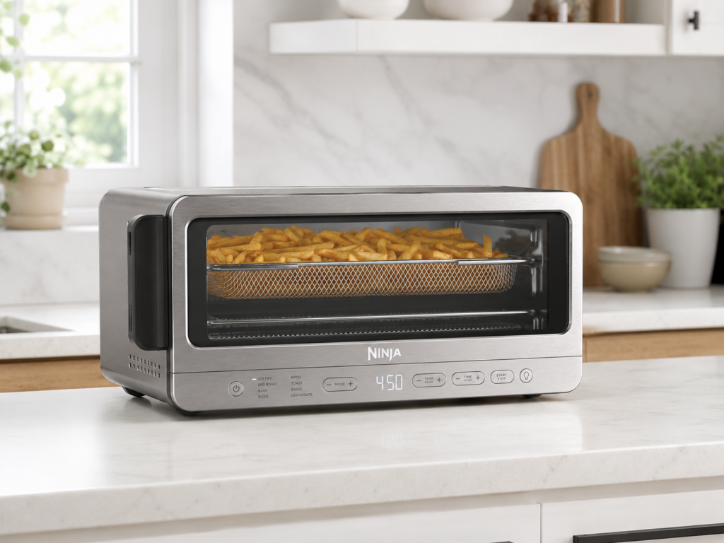 Ninja Flip SP151 shown in cooking position and space-saving upright position