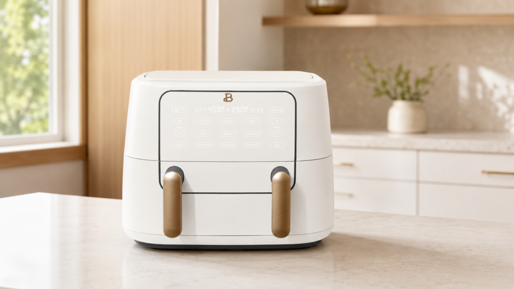 Beautiful nine-quart TriZone ceramic air fryer with removable basket divider