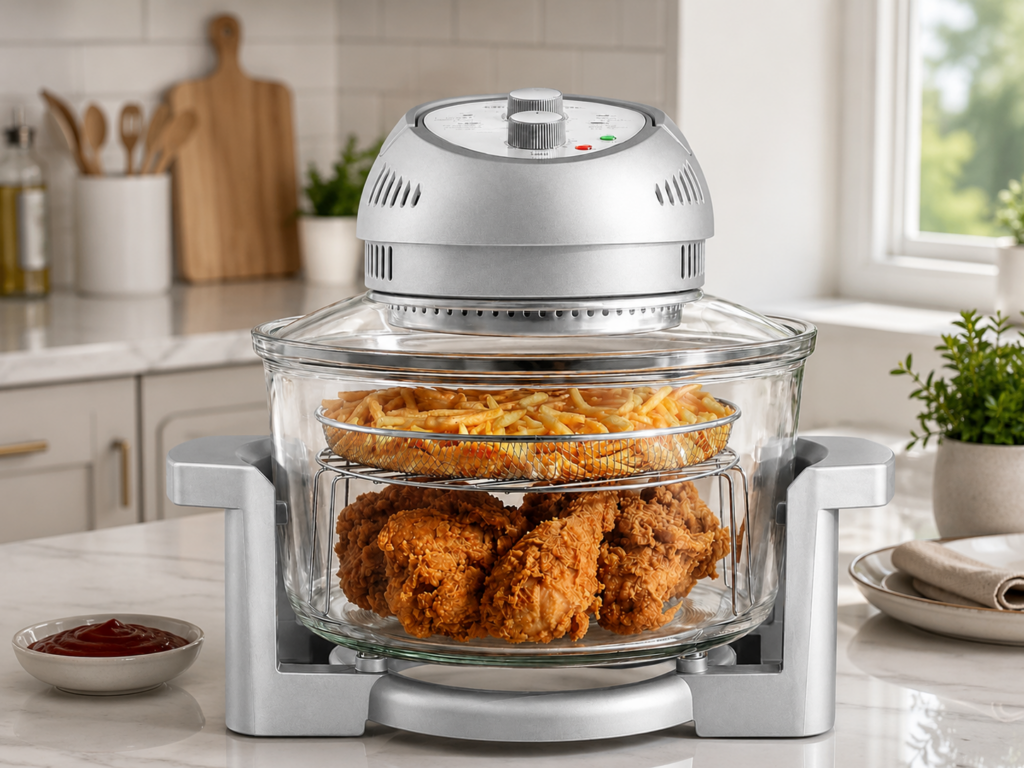 Big Boss 16-quart glass air fryer cooking food on two levels