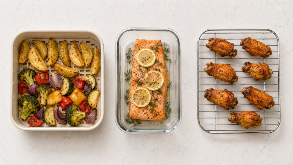 Food cooking on ceramic, glass and stainless-steel air fryer surfaces