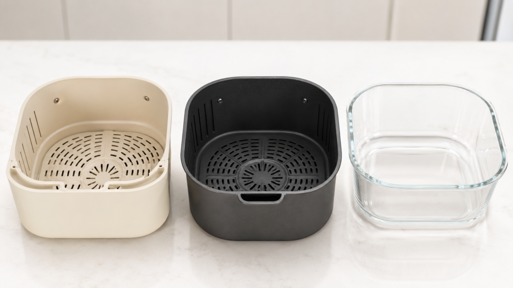 Ceramic-coated, traditional nonstick and glass air fryer cooking surfaces compared