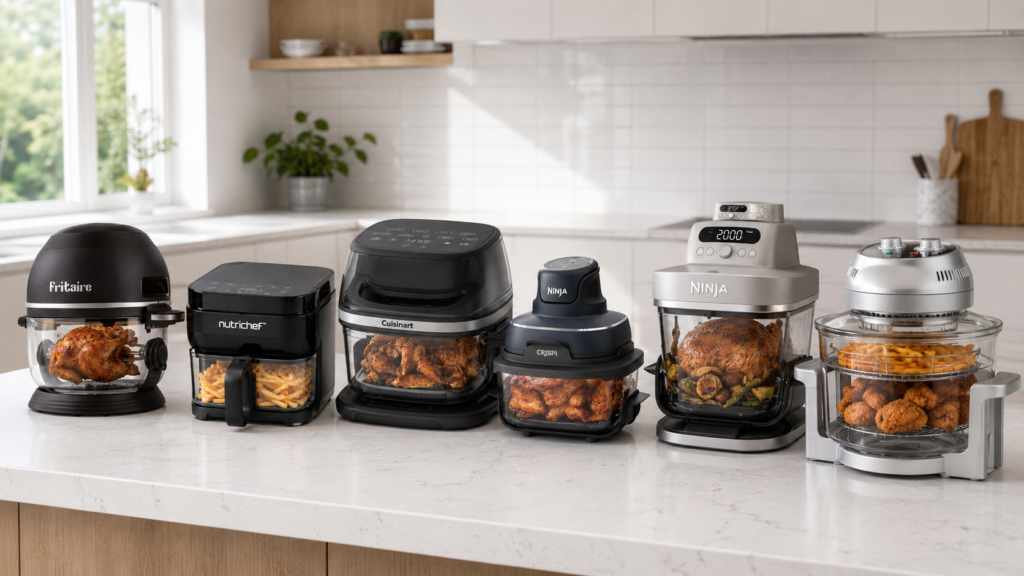 Best glass air fryers lined up on a modern kitchen counter