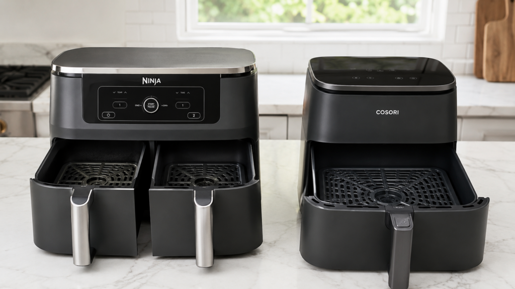Single-basket Cosori air fryer beside a dual-basket Ninja air fryer