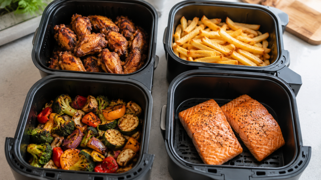 Crispy wings, fries, vegetables and salmon cooked in air fryers