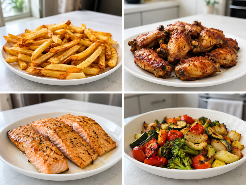 Fries wings salmon and vegetables cooked in the Ninja Crispi Pro