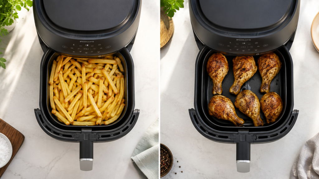 Philips 2000 Series basket showing the practical cooking capacity for fries and chicken drumsticks.