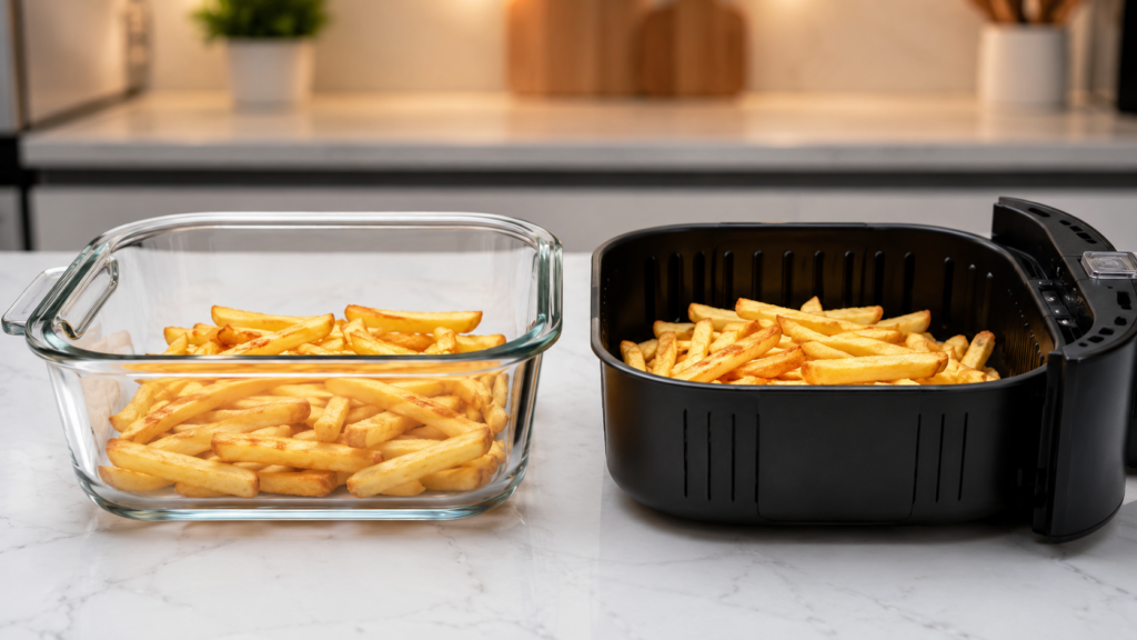Glass air fryer container compared with a conventional nonstick basket