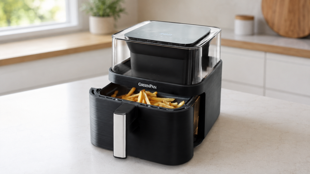 GreenPan Bistro seven-quart ceramic air fryer with clear viewing lid