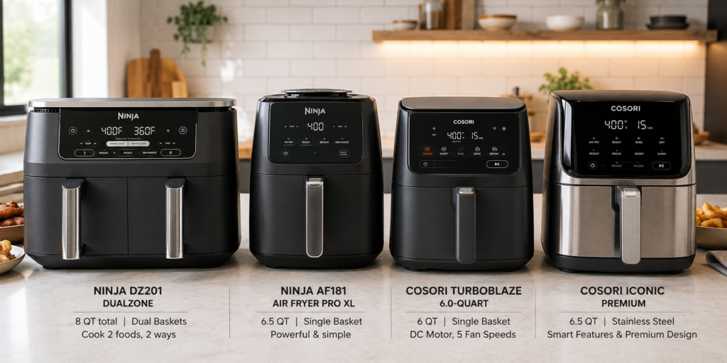 Popular Ninja and Cosori air fryer designs compared