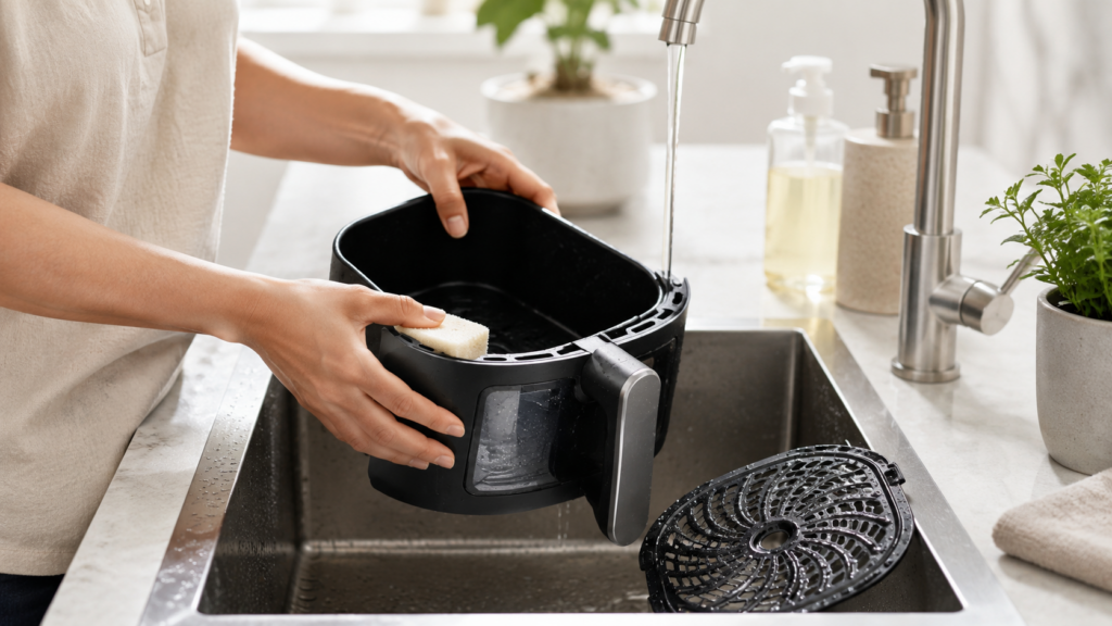 Cleaning the Philips 2000 Series air fryer basket with warm water and a soft sponge.