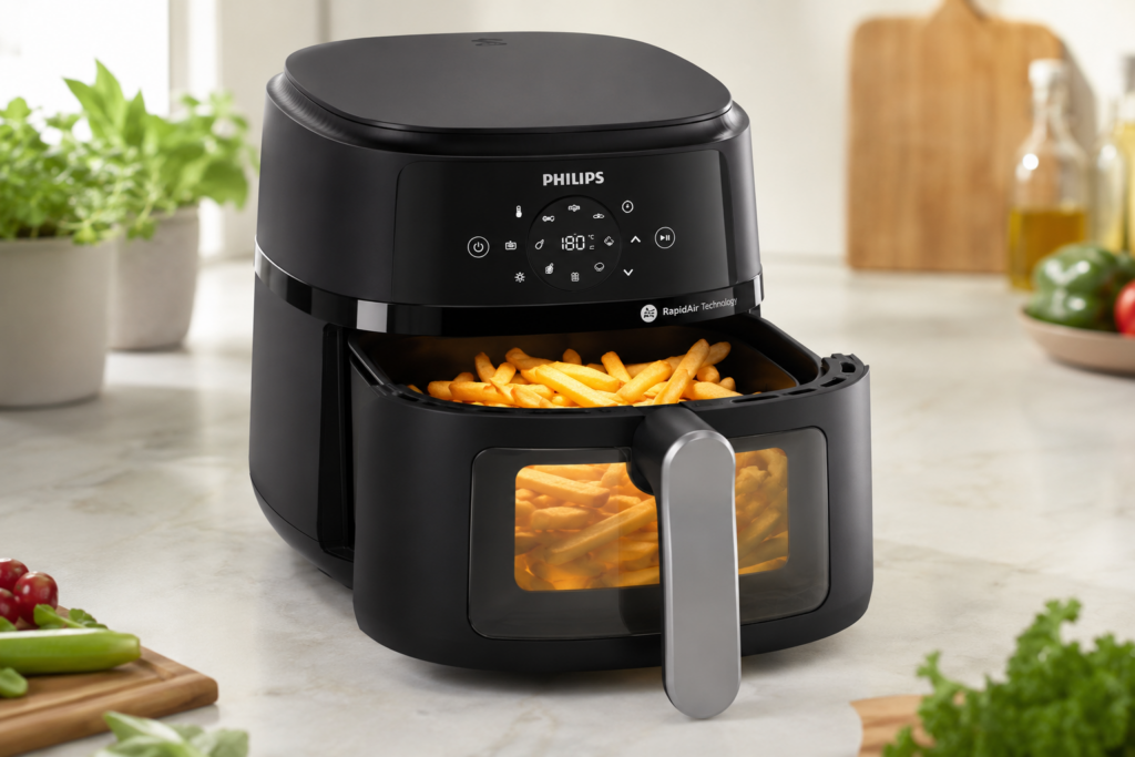 Philips 2000 Series NA221/00 showing its touchscreen, basket handle and front viewing window.